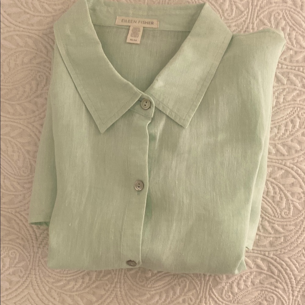 Eileen Fisher 100% Linen Button-Front Women's Top, Mint Green